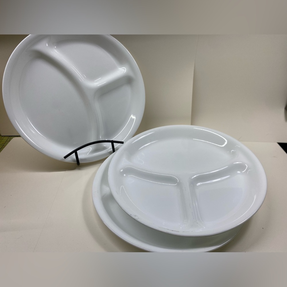 Set of 5 Corelle 10” white divided dinner plates.